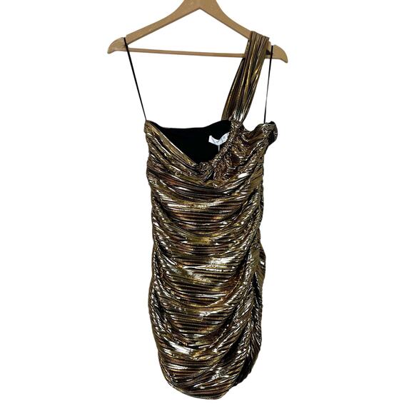 NWT ASTR Golda Mini Dress Womens M Gold One Shoulder Ruched Cocktail Going Out - Picture 3 of 8